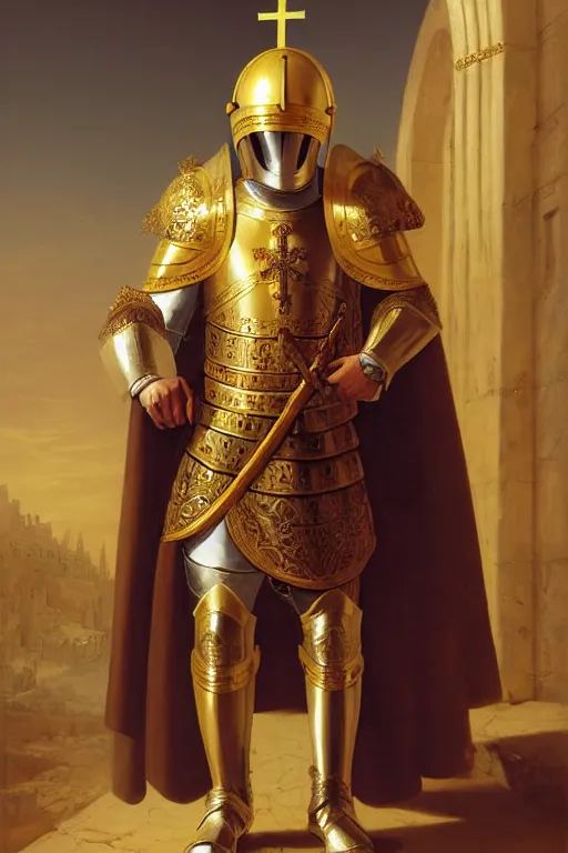 Image similar to man looking forward in decorated with gold baroque style christian crusader armor, helmet covering a his face covered and decorated with golden cross on it and white cape covering half of his body standing at the gates of jerusalem drawn by greg rutkowski realistic high detail
