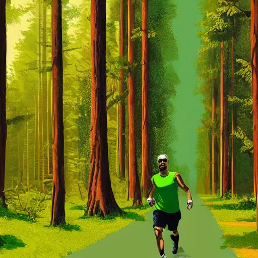 Prompt: a guy in acid-green athletic sneakers runs through a forest with tall trees, art by Andreas Rocha,