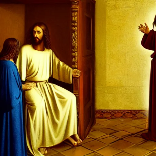 Image similar to jesus christ preaching to vladmir putin, photorealistic frame hanging on the wall, ultra-realistic in the colourful style of leonardo da vinci artstation hd oil painting and edward hooper, renaissance painting