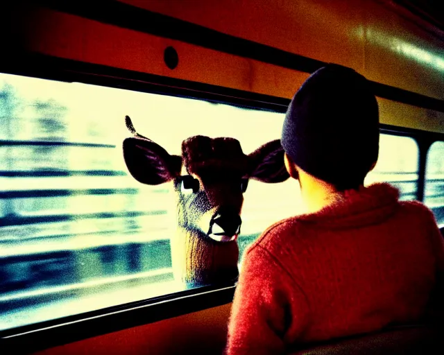 Image similar to a lomography photo of rumble between two human with deer head in soviet train this morning, bokeh,