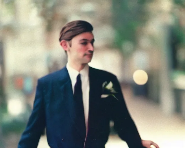 Image similar to a lomographic photo of very confident man in formal cloth, year 1 9 7 0, cinestill, bokeh