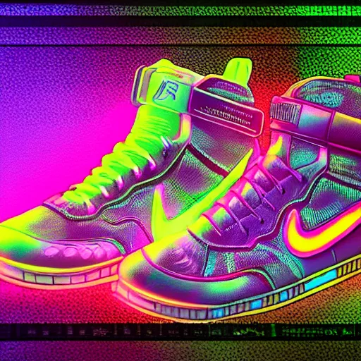 Prompt: extremely detailed realistic advertsing photograph of a ciberpunk mayan sneakers with neon lights by nike, bokeh, product shot view in studio, ArtStation, CGSociety