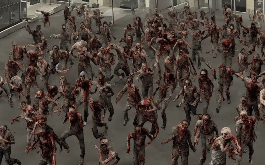 Prompt: a swarm of zombies rushed to the tall buildings ， film quality.