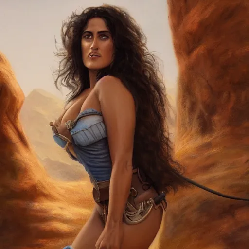 Image similar to a matte painting of salma hayek wild west woman, oil painting, pale colors, high detail, 8 k, wide angle, trending on artstation,