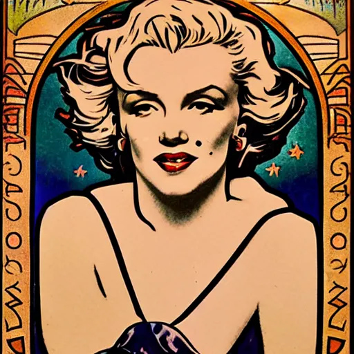 Prompt: marilyn monroe portrait by louis - theophile hingre and alphonse mucha, realistic, sharp focus, zodiac signs, tarot cards, planets, ethereal, art nouveau, magic, moon, sun, smart, wisdom, royal, jewellery