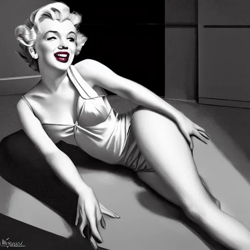 Image similar to masterpiece portrait of a beautiful stunning marilyn monroe in seven year itch, dynamic pose, above view, top lighting, art by charlie bowater, gil elvgren, ilya kuvshinov, mary jane ansell, cryengine, lumion render, 8 k realistic, hyper detailed, digital painting, artstation, concept art, ray tracing, perfect face