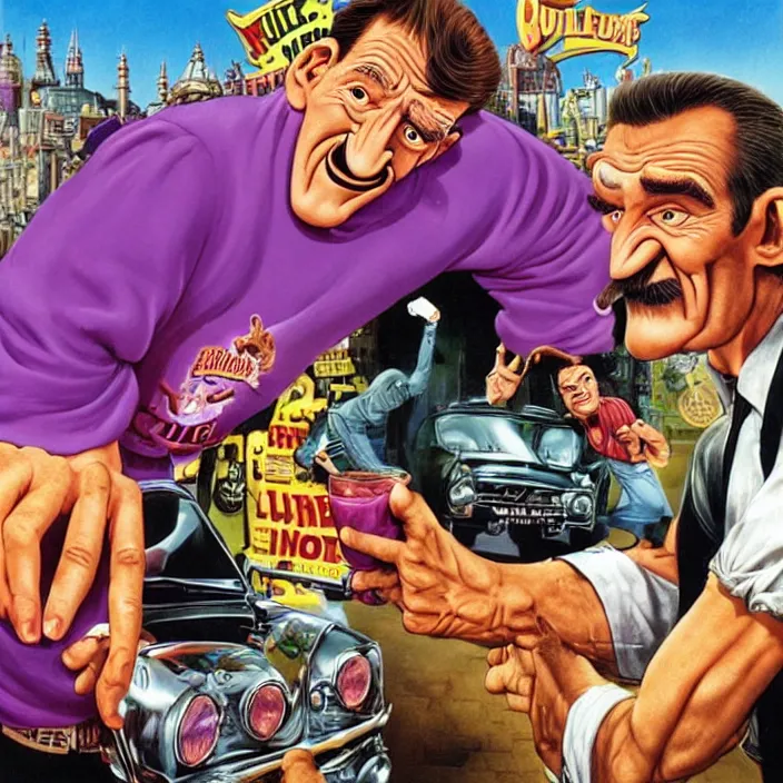 Image similar to promotional art for the movie'unless you hate bullruns ', barry chuckle preparing a batch of purple oil drink, hyperreal detailed facial features and uv lighting, art by ed roth and basil wolverton