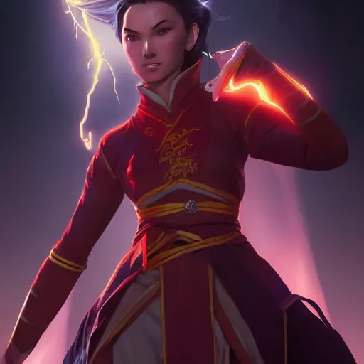 Image similar to Azula bending lightning, highly detailed, digital painting, artstation, concept art, sharp focus, illustration, cinematic lighting, art by artgerm and greg rutkowski and alphonse mucha