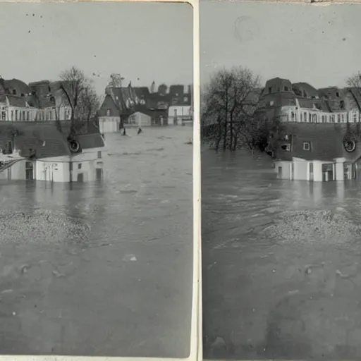 Prompt: stereoscopic image of a small german town being flooded