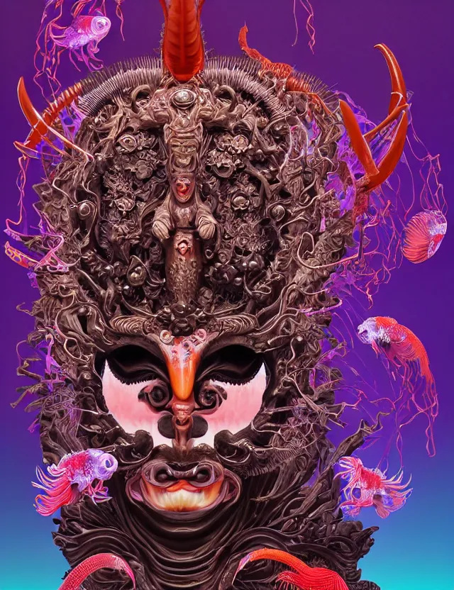 Prompt: 3 d goddess close - up profile satan biohazard portrait with crown, ram skull. beautiful intricately detailed japanese crow kitsune mask and clasical japanese kimono. betta fish, jellyfish phoenix, bio luminescent, plasma, ice, water, wind, creature, artwork by tooth wu and wlop and beeple and greg rutkowski