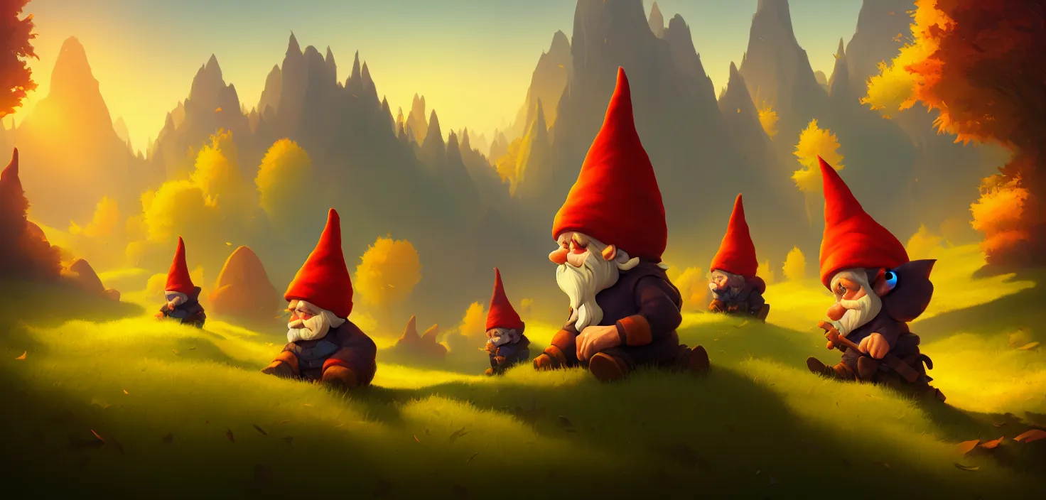 Prompt: fall gnomes vector illustration, detailed, concept art, low angle, high detail, warm lighting, volumetric, godrays, vivid, beautiful, trending on artstation, by jordan grimmer, huge scene, grass, art greg rutkowski