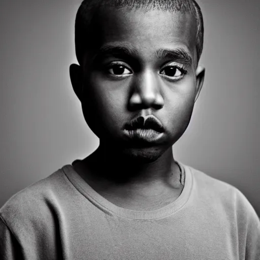 Image similar to the face of young kanye west wearing yeezy clothing at 6 years old, black and white portrait by julia cameron, chiaroscuro lighting, shallow depth of field, 8 0 mm, f 1. 8