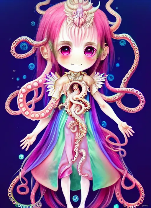 Image similar to A full body shot of a cute young magical girl wearing an ornate dress made of opals and tentacles. Chibi Monster GIrl. Subsurface Scattering. Dynamic Pose. Translucent Skin. Rainbow palette. defined facial features, symmetrical facial features. Opalescent surface. Soft Lighting. beautiful lighting. By Giger and Ruan Jia and Artgerm and WLOP and William-Adolphe Bouguereau and Loish and Lisa Frank. Fantasy Illustration. Sailor Moon. Masterpiece. trending on artstation, featured on pixiv, award winning, cinematic composition, dramatic pose, sharp, details, Hyper-detailed, HD, HDR, 4K, 8K.