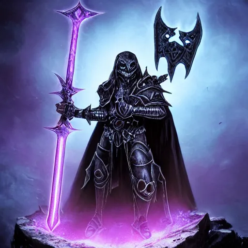 Image similar to death knight wearing a worn armor carved with death runes that emit a purple glow of energy, dual wielding a large sword carved with rings that emit an electric blue glowing smoke, he is walking along the valley of the forgotten