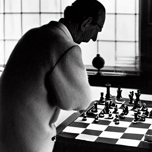 Image similar to a long exposure shot of Marcel Duchamp working on a chess readymade object, archival pigment print