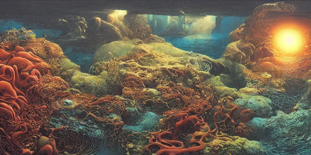 Prompt: underwater landscape, fluid, smooth, bright colours, high contrast, sharpness, beautiful, peaceful, very detailed, intricate, volumetric lighting, by giger and corben and moebius and beksinski and bosch and bacon