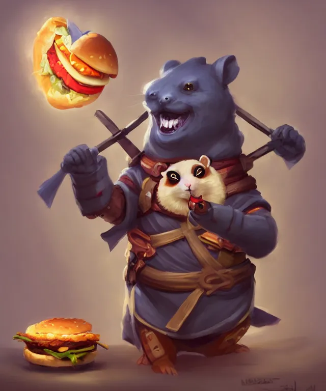 Image similar to a single anthropomorphic hamster ninja eating a hamburger, ninja outfit, standing in a buddhist temple, cute and adorable, dnd character art portrait, matte fantasy painting, deviantart artstation, by jason felix by steve argyle by tyler jacobson by peter mohrbacher, cinematic lighting