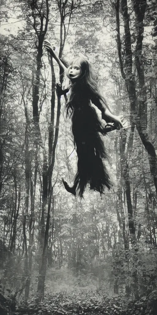 Prompt: old polaroid photo of a young witch girl floating in the air with her arms outstretched in a forest, long hair hanging down. dark and spooky, muted colours, flash photography, young face