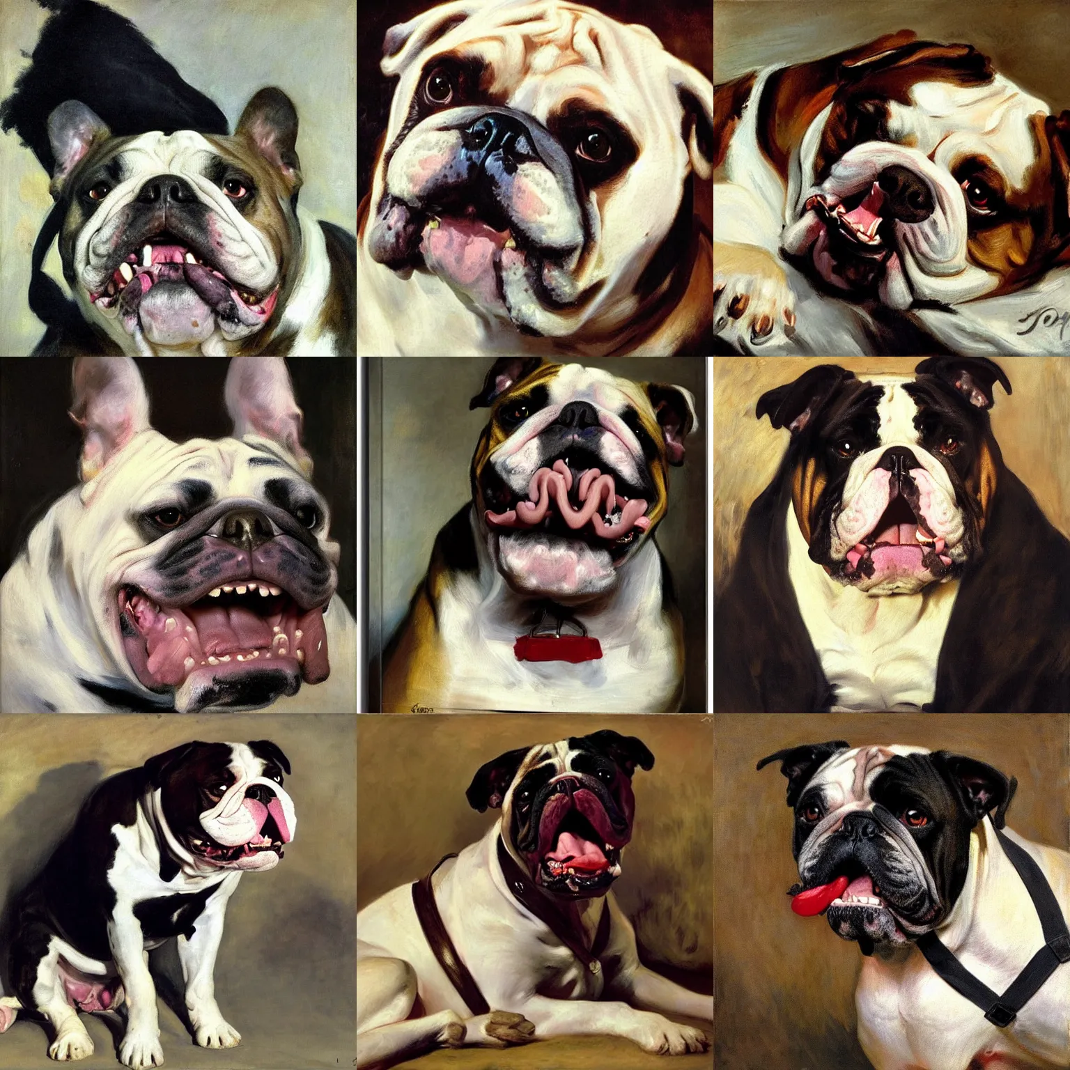Prompt: bulldog, open mouth drooling, sleepy eyes, incredible details, masterful technique, portrait painting by John Singer Sargent + Hero Johnson + Manet