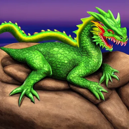 Prompt: an illustration of a western style green dragon sleeping on a rock