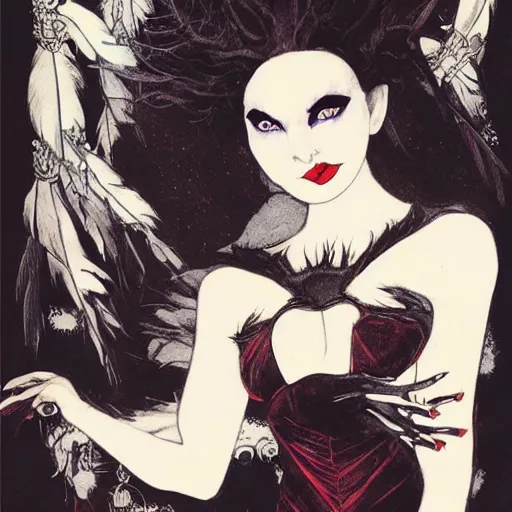 Image similar to dark swan queen, black hair, black feathers instead of hair, gothic, red lips, feathers growing out of skin, black fingers with black claws, bird feet, black bodysuit, disney villain, dark fae, moulting, suspended in zero gravity, on spaceship with cables hanging down, highly detailed, mucha, mike mignogna, comic book, illustration