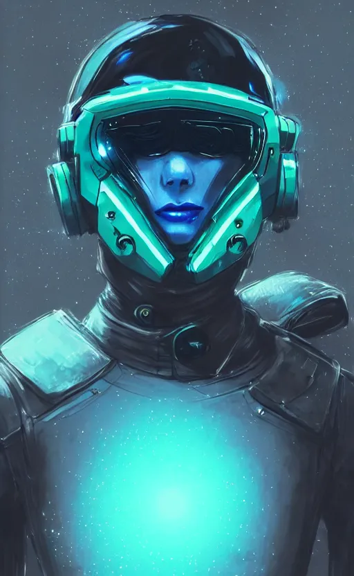 Prompt: wearing the cyberpunk vr helmet of the northern star, fashion, fancy suit, cosmic nova, expensive clothing, professional, teal helmet, naxy blue suit, illustration, style of yoshitaka amano, illustration, artstation, pixiv