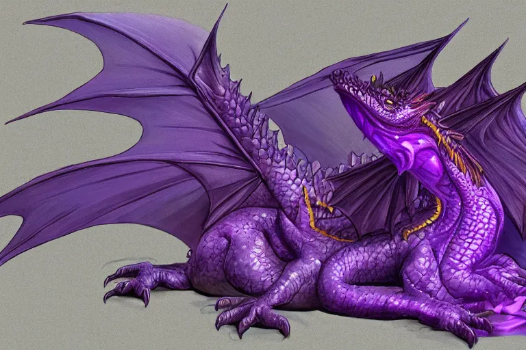 Image similar to a purple and gold dragon laying on its back, relaxing dragon, detailed digital art, artstation