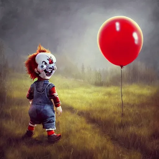 Image similar to grunge cartoon landscape painting of chucky with a wide smile and a red balloon by - michal karcz, loony toons style, pennywise style, horror theme, detailed, elegant, intricate