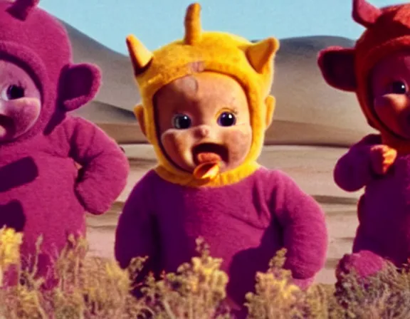 Image similar to teletubbies in mad max, film still, screenshot, desert, cinematic