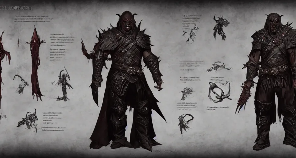 Prompt: A full body portrait character sheet of an evil looking orc assassin in leather Master assassin's armor, video game concept art by Wizards of the Coast, Magic The Gathering, Blizzard, Games Workshop, Greg Rutkowski, Craig Mullins, WETA, Elder Scrolls.