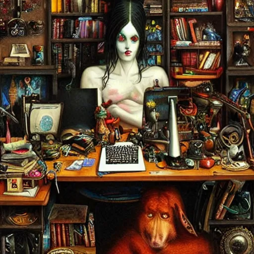 Image similar to goth guy sitting at computer in cluttered room, by michael hutter, aesthetic!!!, detailed, realistic, hyper realism, small details, goth aesthetic,