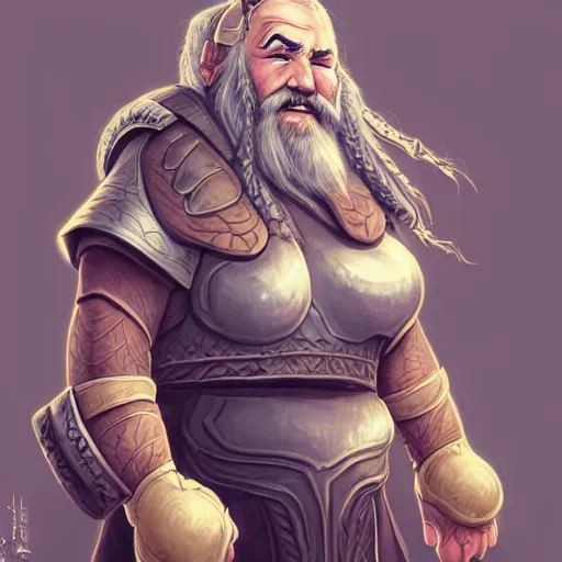 Prompt: elderly female dwarven heavyset fighter with grey braided hairstyle and beard in braids and wrinkled skin wearing platemail armor by rossdraws