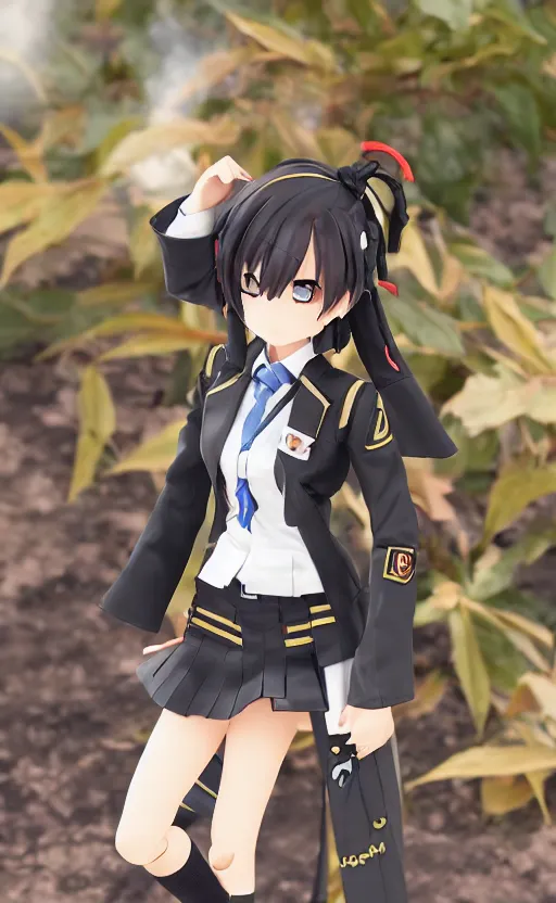 Image similar to toy photo, school uniform, portrait of the action figure of a girl, anime character anatomy, girls frontline style, collection product, dirt and smoke background, flight squadron insignia, realistic military gear, 70mm lens, round elements, photo taken by professional photographer, by shibafu, trending on instagram, symbology, 4k resolution, low saturation, empty hands, realistic military carrier