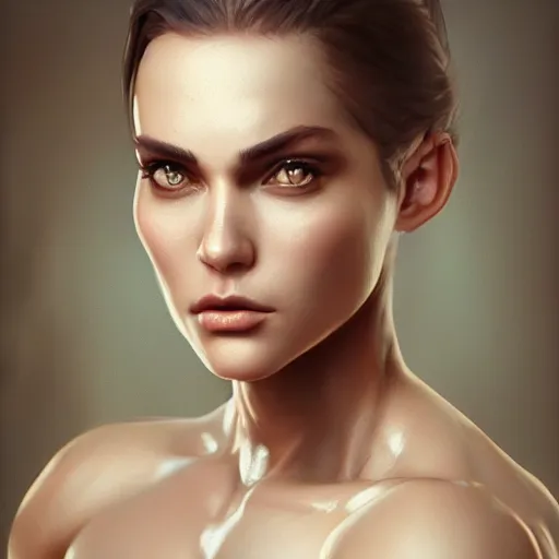 Image similar to a very beautiful woman with muscles, digital art, photorealistic, unreal engine, 8 k resolution, artstation, beautiful face, pretty face, very detailed eyes, by wlop, greg rutkowski, simon bosley