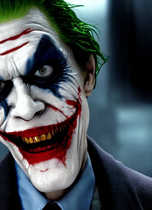 Image similar to film still of Willem Dafoe as The Joker in The Dark Knight, 4k