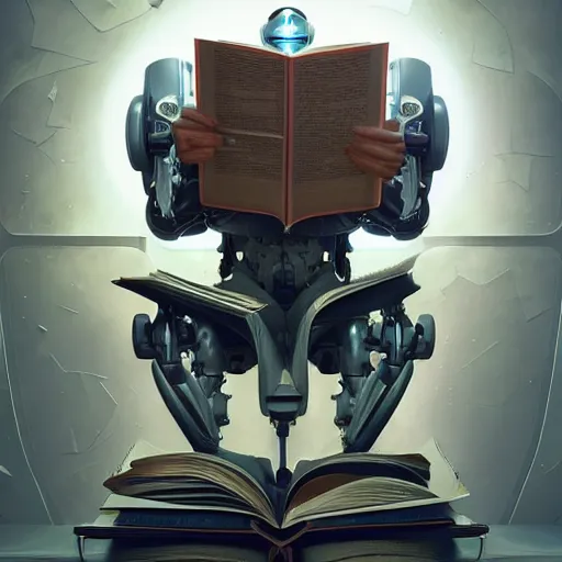 Prompt: hyperreal ultra detailed intricate cyborg transformer robot reading a book in a library by peter mohrbacher and dan mumford and nekro, cgsociety, volumetric light, 3 d render