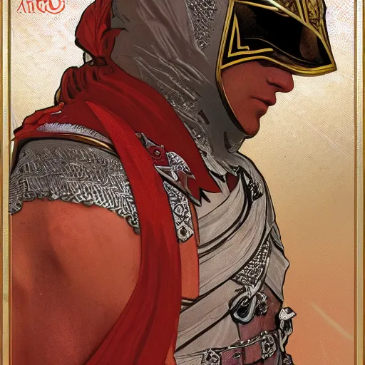 Image similar to an ultra detailed vector image of solaire of astora dressed as ezio auditore, concept art by alphonse mucha and greg rutkowski, praise the blood moon, octane render, liminal space
