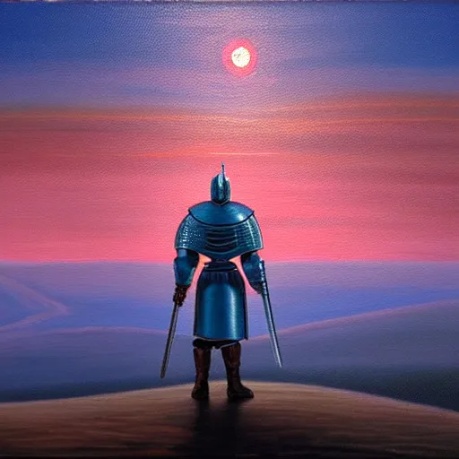 Image similar to oil painting of a blue caped armored knight, wearing modern headphone, lonely, foggy, standing in midground, pink sunset, by capsar david friedrich
