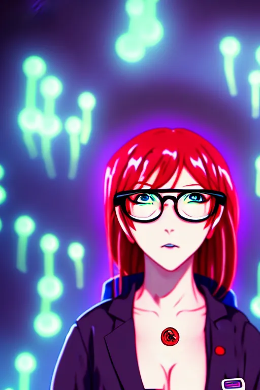 Prompt: full body anime portrait of a cute girl round eyes red hair wearing glasses dressed in a lab coat cinematic highly detailed 4 k neon