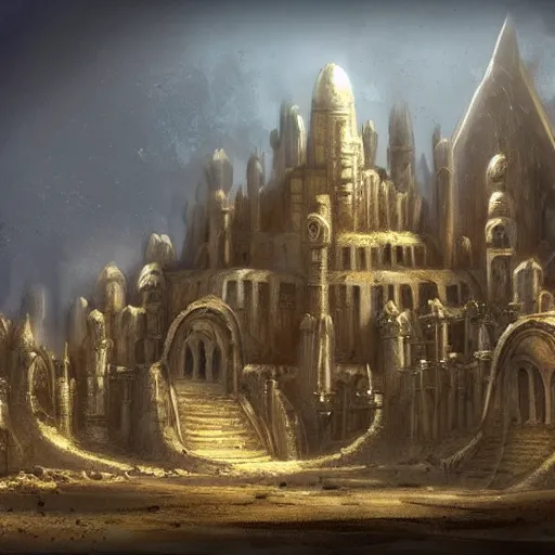 Image similar to architectural cover concept art of the lost sand city, ruins, golden towers, golden pillarsl. digital art, art station, realista,