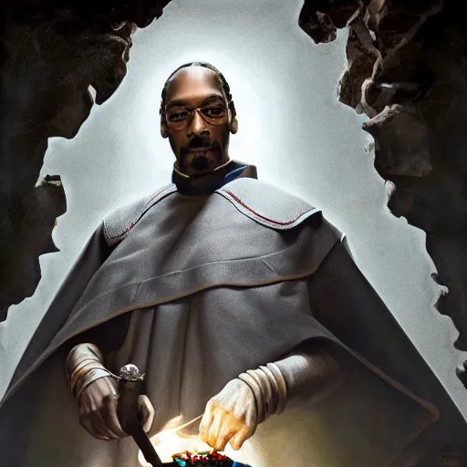 Image similar to Snoop dog wearing a cape in the ruins of the temple of old gods holding a torch in a defensive way, featured on artstation, dramatic, cinematic chiaroscuro, contrast light, digital art by Leyendecker and Norman Rockwell