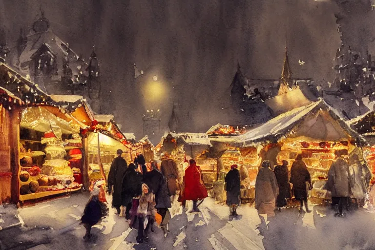 Image similar to abstract watercolor painting of stockholm street, magic diamond crystal winter, traditional christmas market, cinematic light, national romanticism by anders zorn, by greg rutkowski, by greg manchess