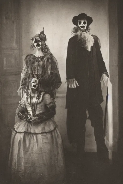 Image similar to a portrait photo of two persons dressed for the carnival of Venice, creepy, edvard munch, wide angle