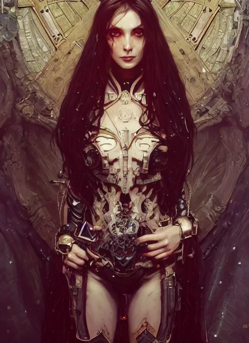 Image similar to portrait of beautiful pale gothic maiden, warhammer 40000, cyberpunk, intricate, elegant, highly detailed, digital painting, artstation, concept art, smooth, sharp focus, illustration, art by artgerm and greg rutkowski and alphonse mucha and Gustav Klimt