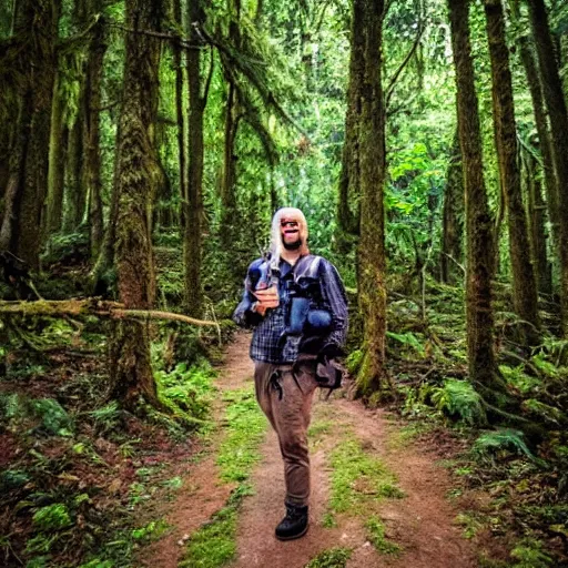 Prompt: lush forest trail, friendly skinwalker posing for camera, smiling, cryptid, professional photography