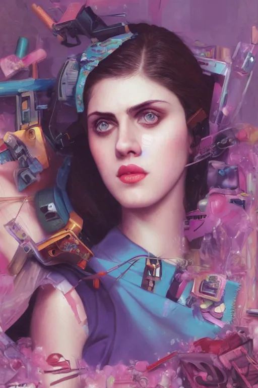 Image similar to alexandra daddario portrait of a vaporwave girl in a cluttered 9 0 s bedroom, by artgerm, tom bagshaw, gerald brom, vaporwave!, vaporwave colors!, lo fi colors, lo fi, 4 k, hd,