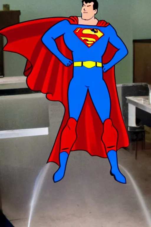 Image similar to superman working as a lazer cleaning service