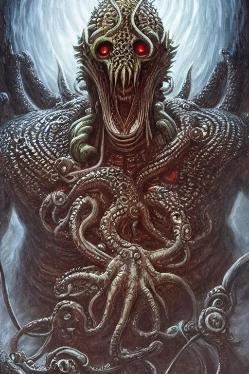 Image similar to full body concept art of Cthulhu wearing viking armor made with porcelain by Jeff Easley and Peter Elson + beautiful eyes, beautiful face + symmetry face + galaxy + gothic, surreal, dread + highly detailed, intricate complexity, epic composition, magical atmosphere + masterpiece, award winning + trending on artstation