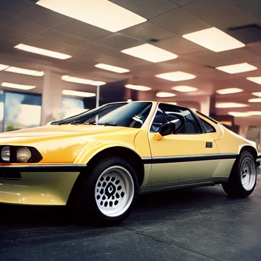 Image similar to 1979 BMW M1, inside of an auto dealership, ektachrome photograph, volumetric lighting, f8 aperture, cinematic Eastman 5384 film