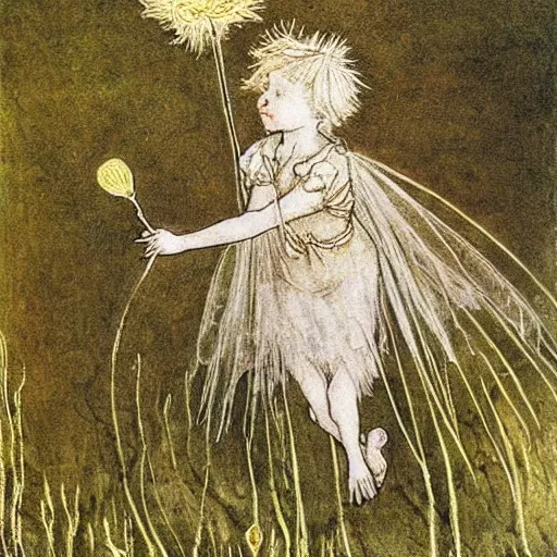 Image similar to a beautiful fairytale painting of a dandelion seed that is also a fairy. the dandelion seed is the body of the fairy. beautiful clear painting by arthur rackham